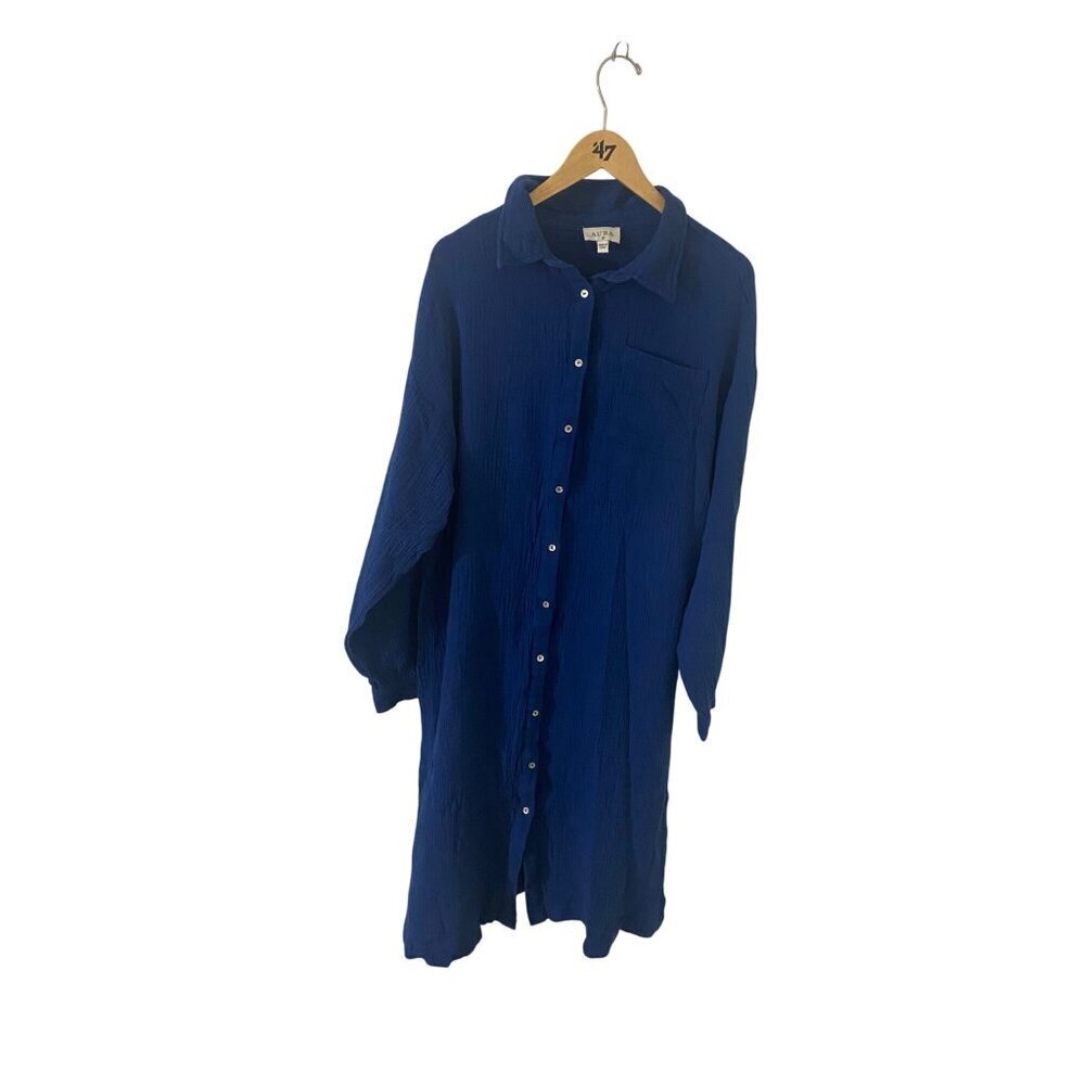 Aura Women's Blue Button Front Long Sleeve Midi Dress - Medium